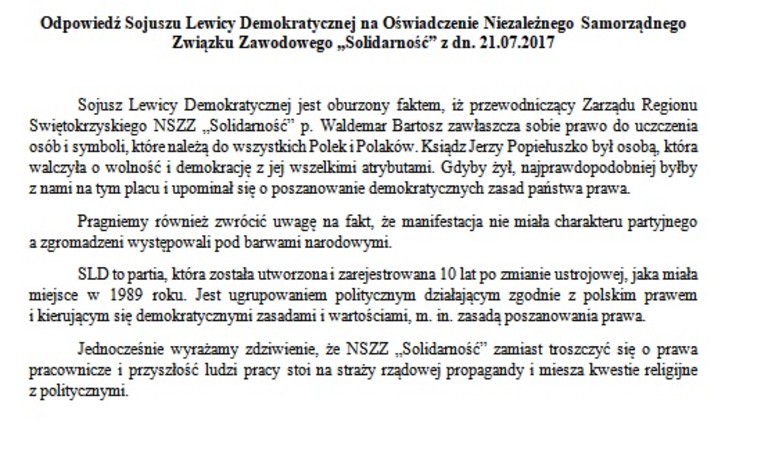 Kielce: SLD odpowiada NSZZ "Solidarność"